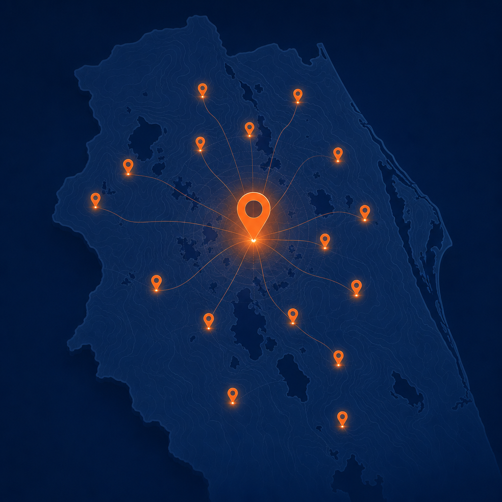 Map of the Central Florida service area with location markers across Seminole, Orange, Osceola, Lake, and Volusia counties
